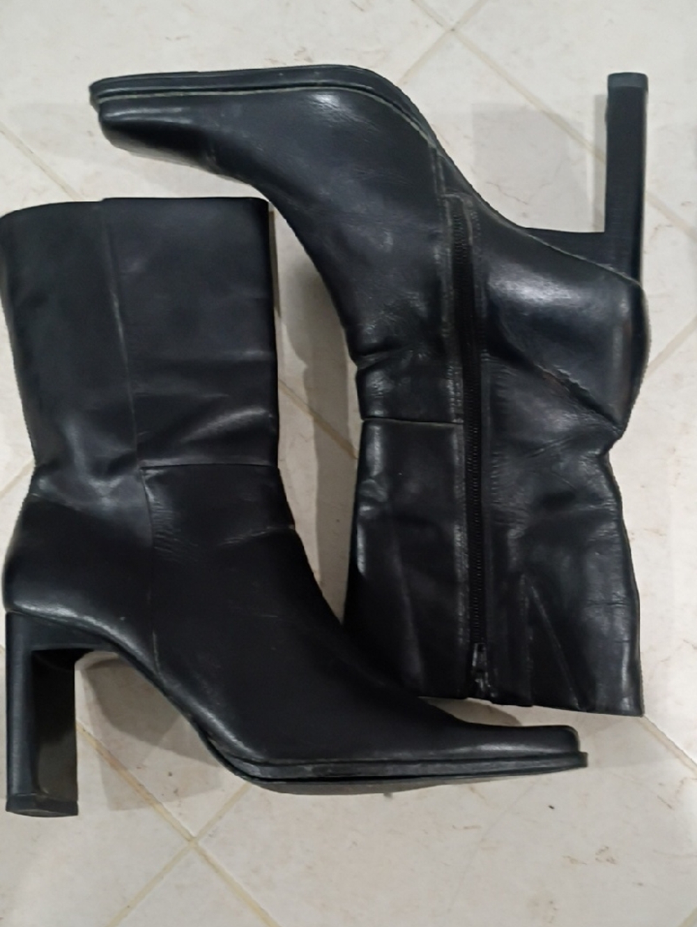 Diba Black Leather Mid-Calf Heeled Boots